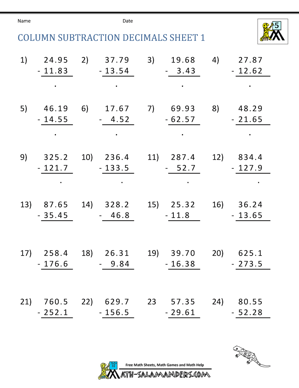 missing 1 math number subtraction addition and worksheets decimals grade  practice 5th subtraction column column
