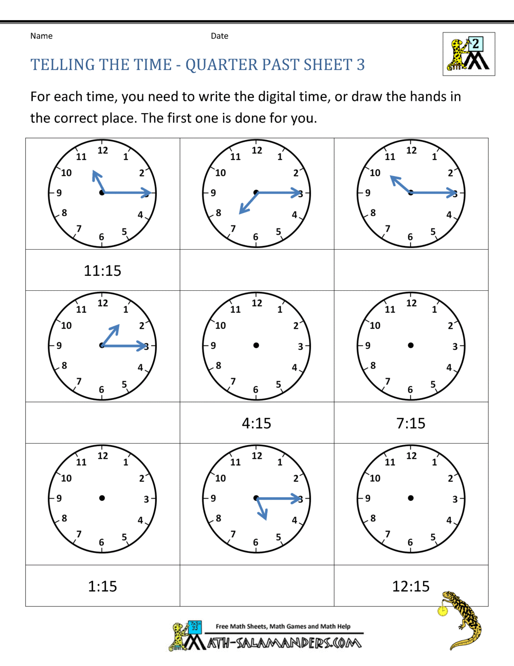 Telling Time In Quarter Hours Worksheets