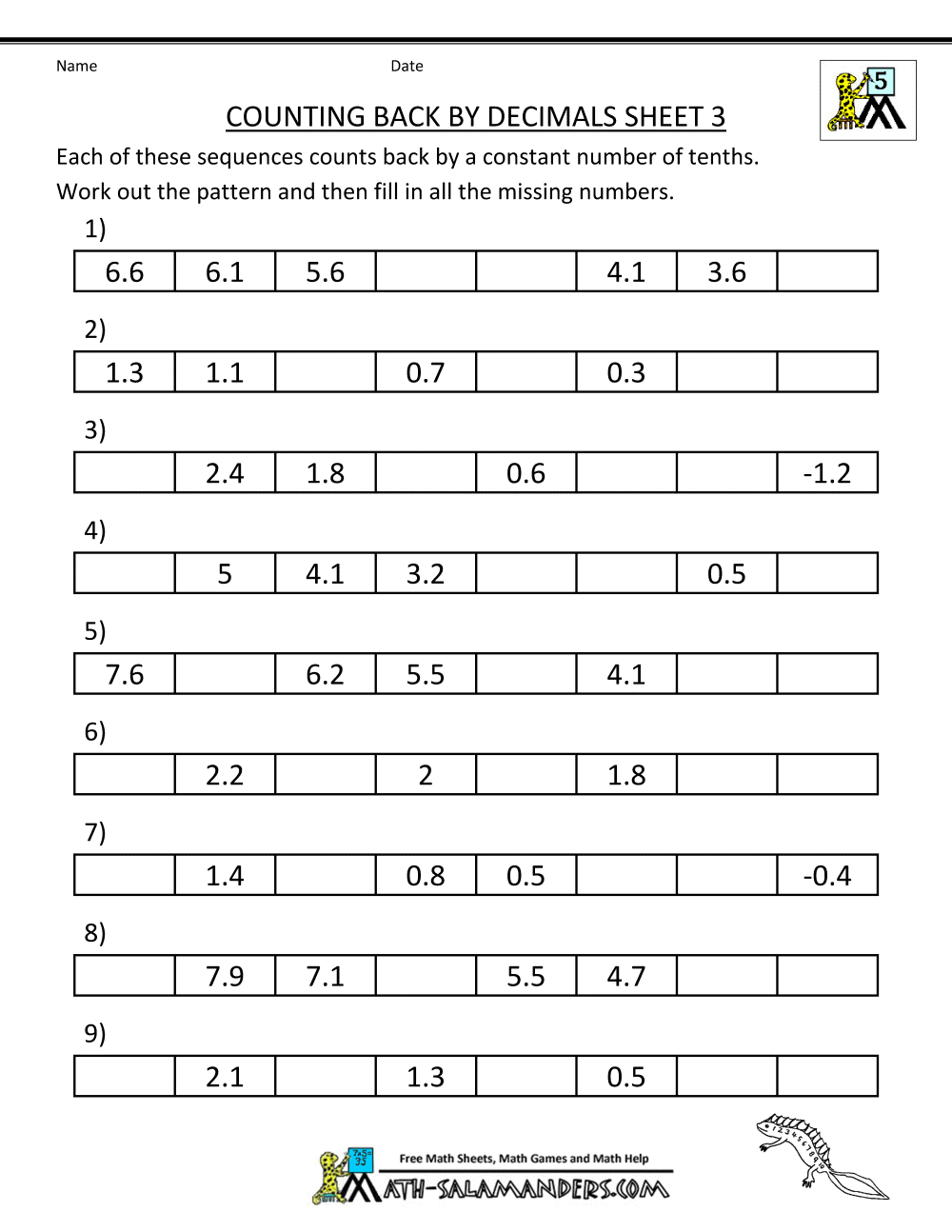 decimals  sequences Sheet 3 Answers missing numbers Sheet number by Counting back 3 worksheets