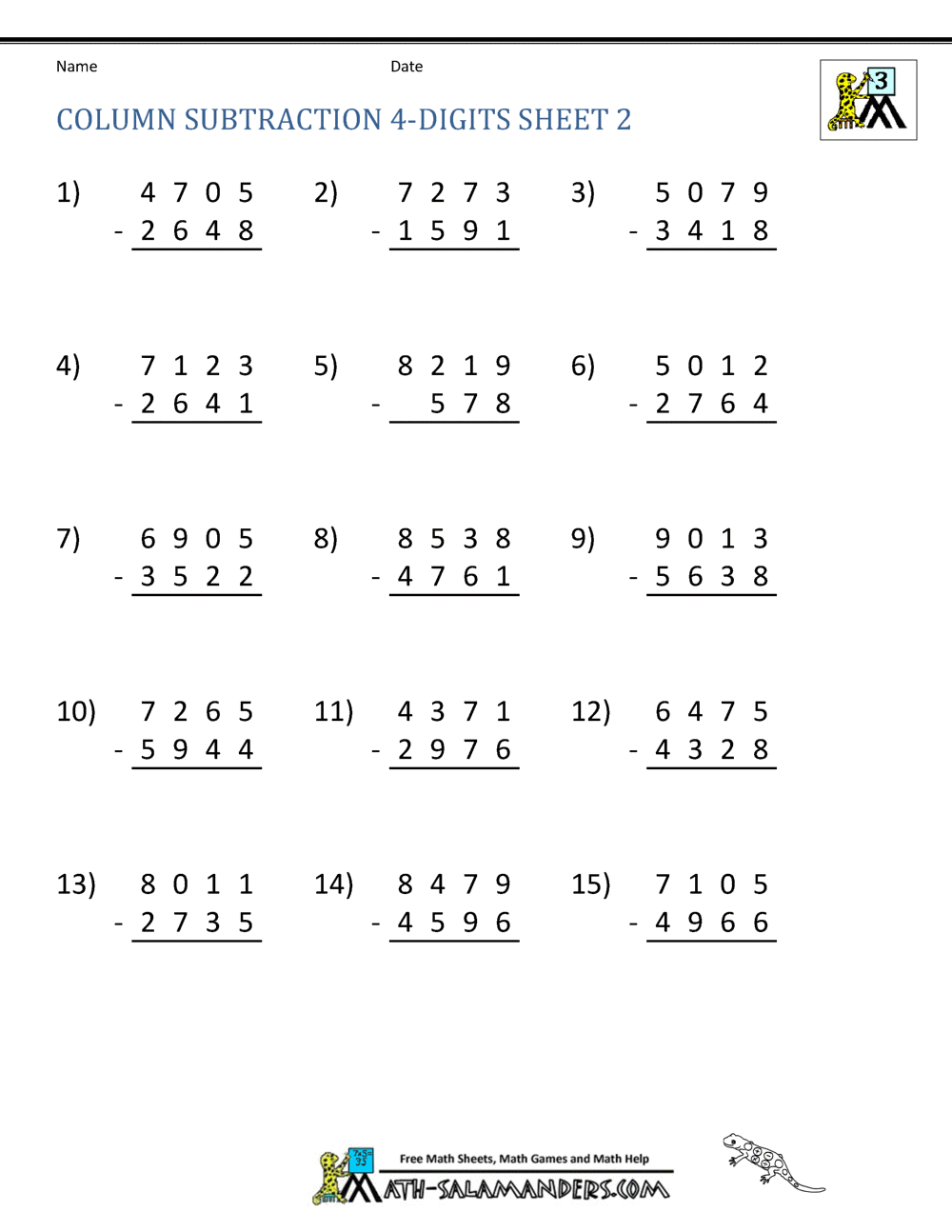 Subtraction Worksheets For Third Grade