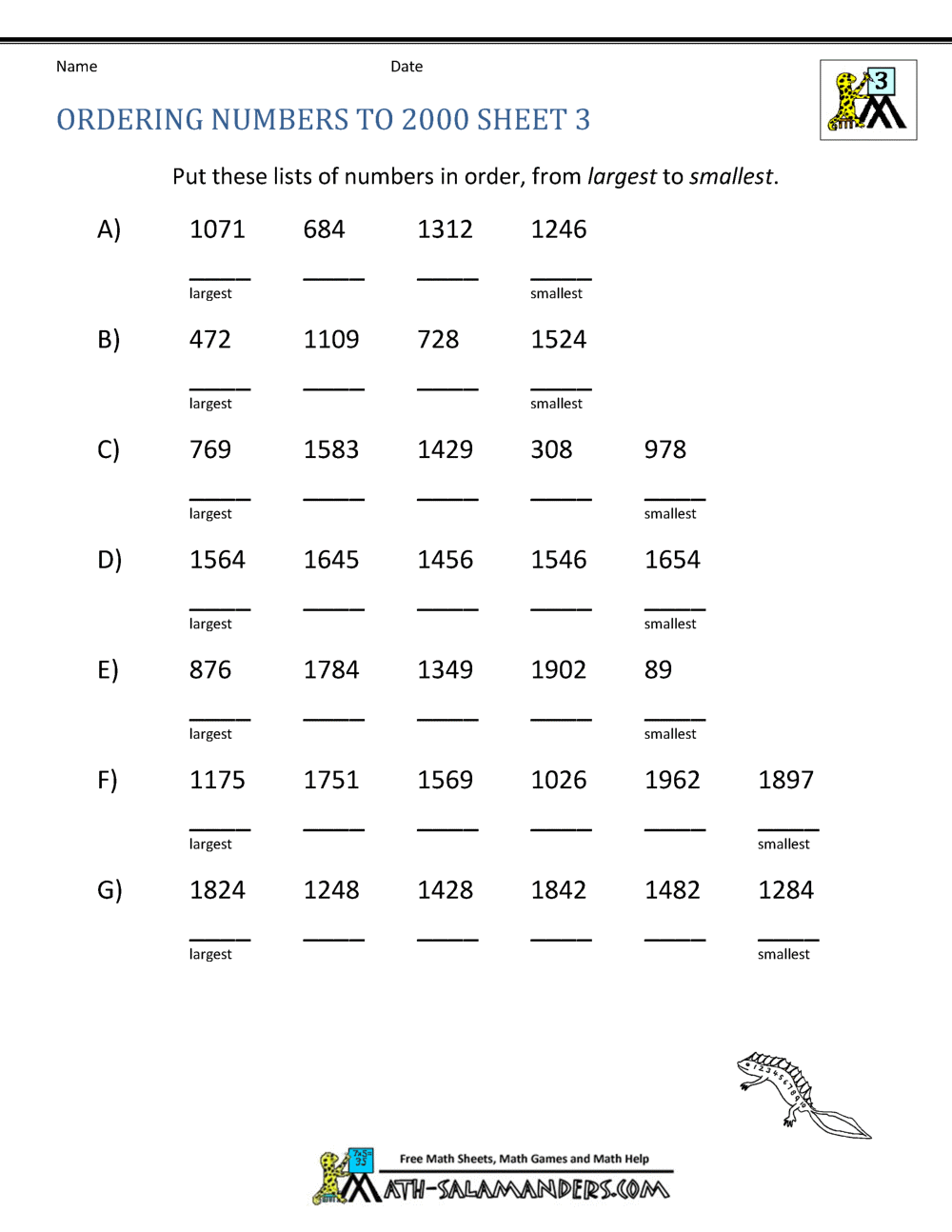 Ordering Numbers Worksheets Grade 3