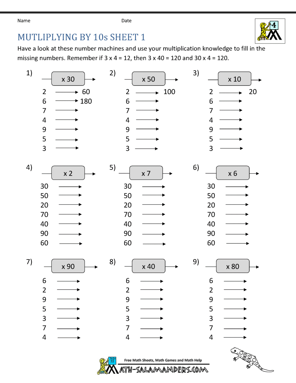 multiplication-fact-sheets