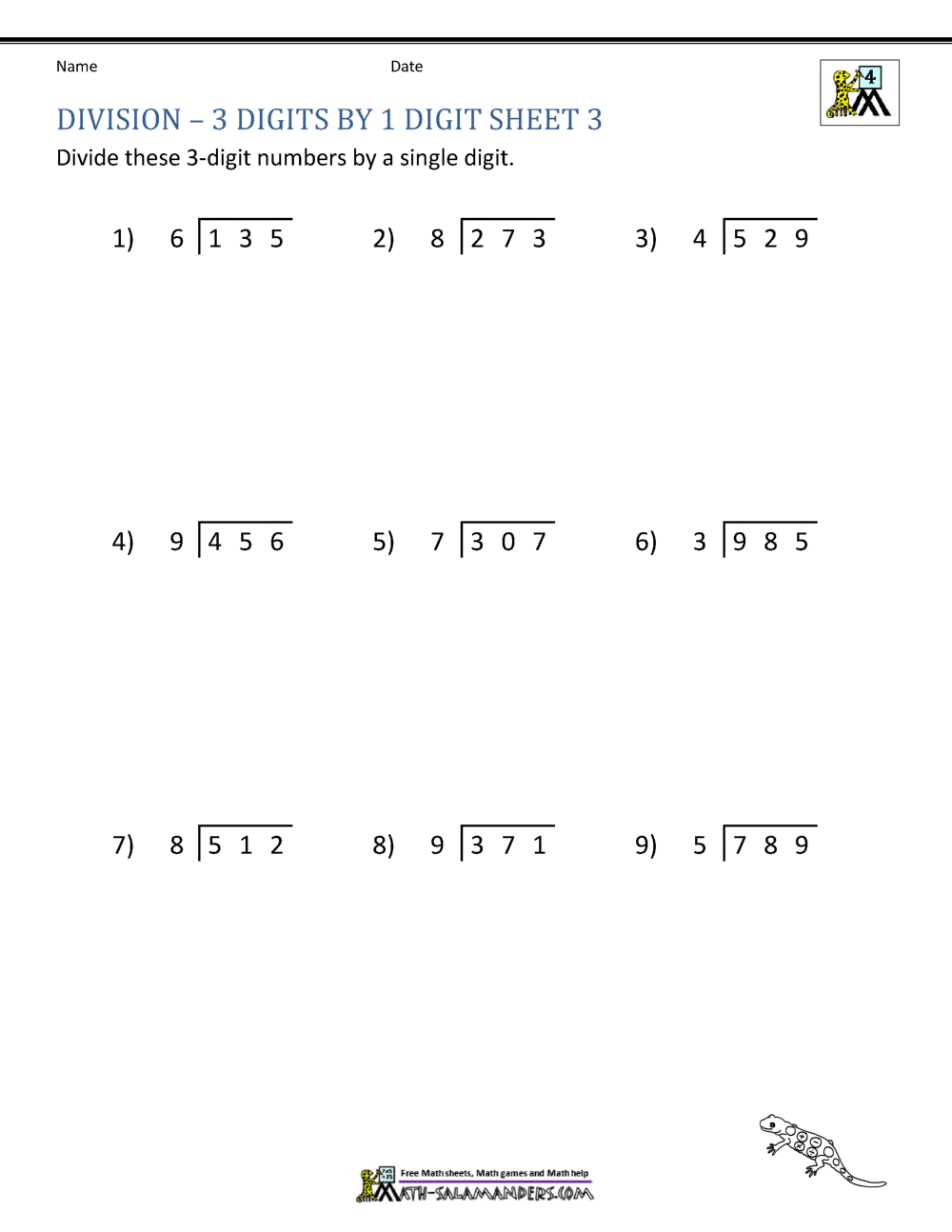 Long Division 1 Digit Into 3 Digit Numbers Free Worksheets