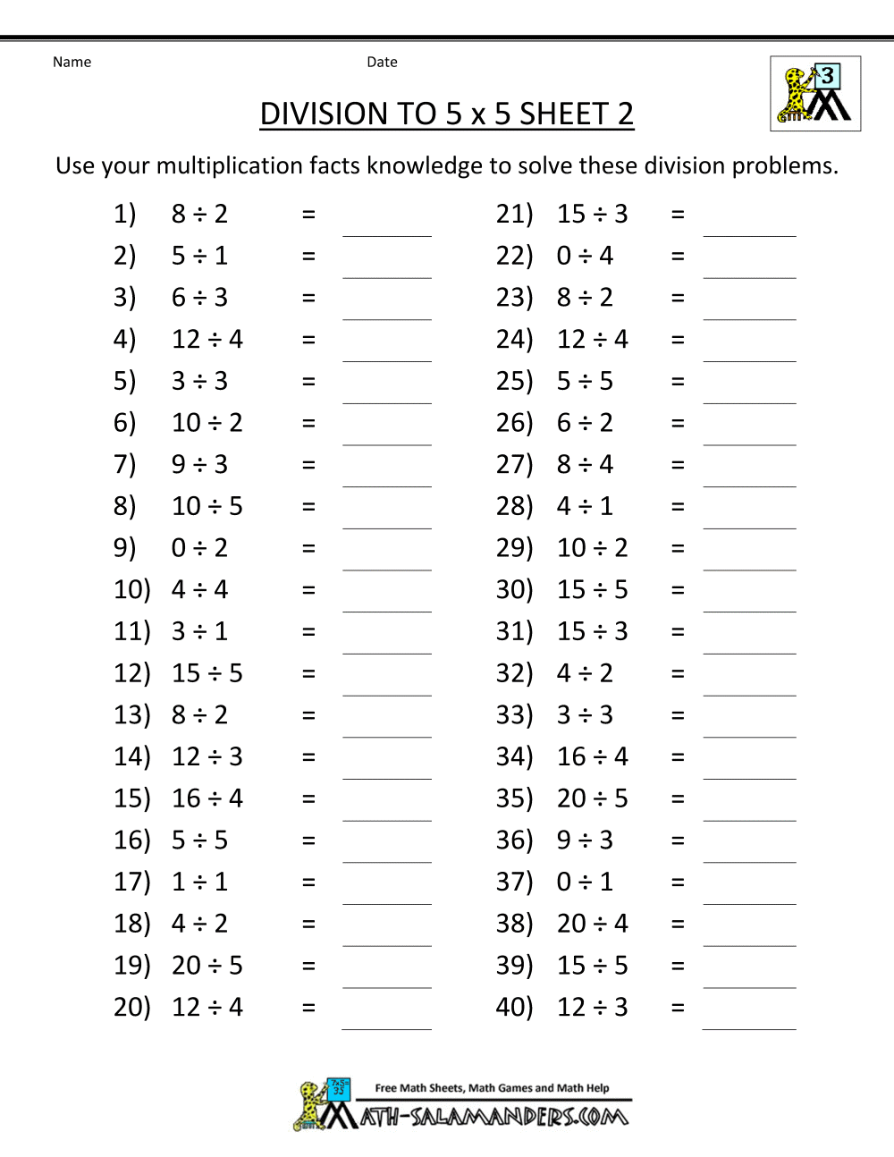 Division Table Worksheets