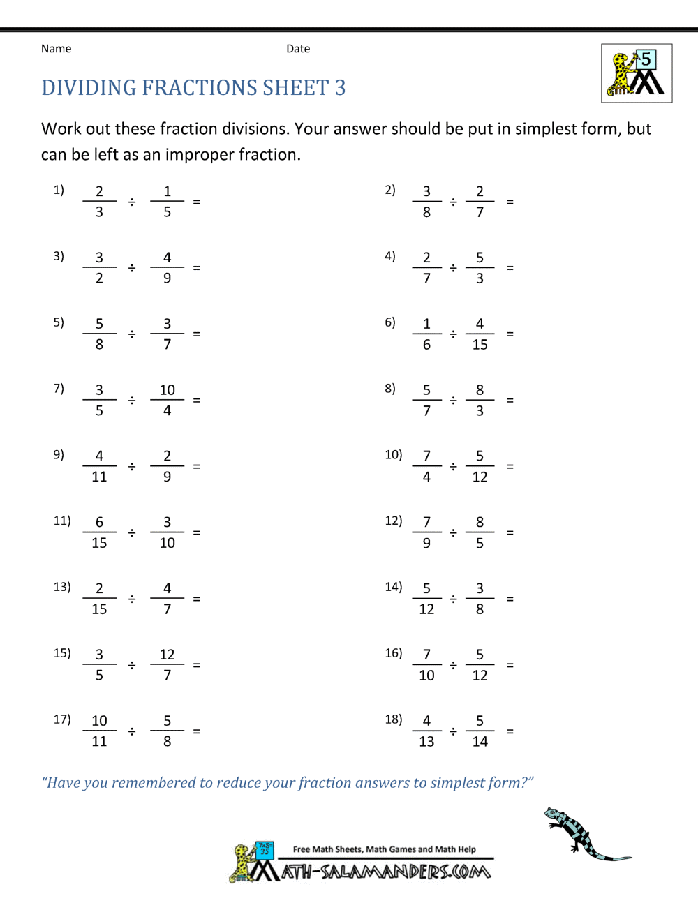Divide Fractions With Whole Numbers Worksheets