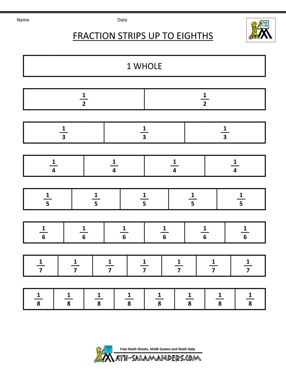 Printable Fraction Strips math worksheets, worksheets, grade worksheets, and alphabet worksheets Free Fractions Worksheet 1294 x 1000