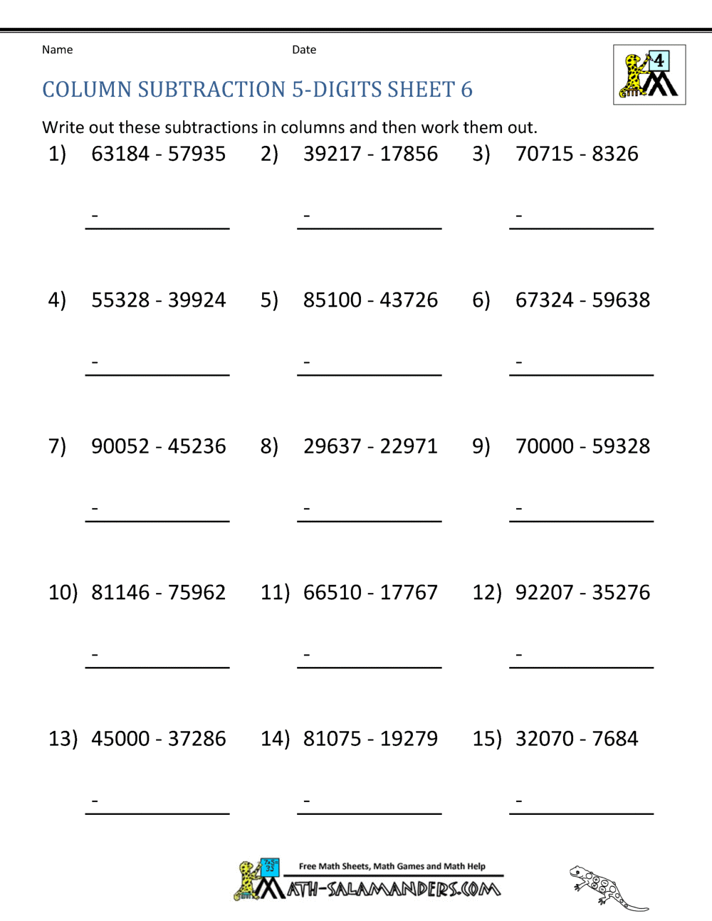 homeschool math worksheet column subtraction 5 digits 6