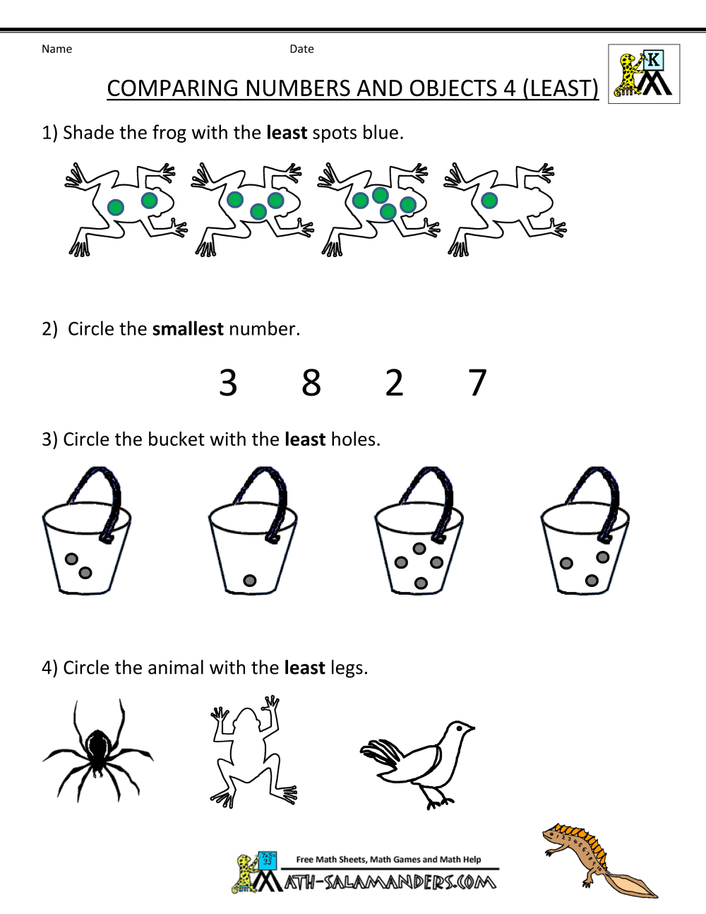 Kindergarten Math Worksheets Comparing Numbers and Size