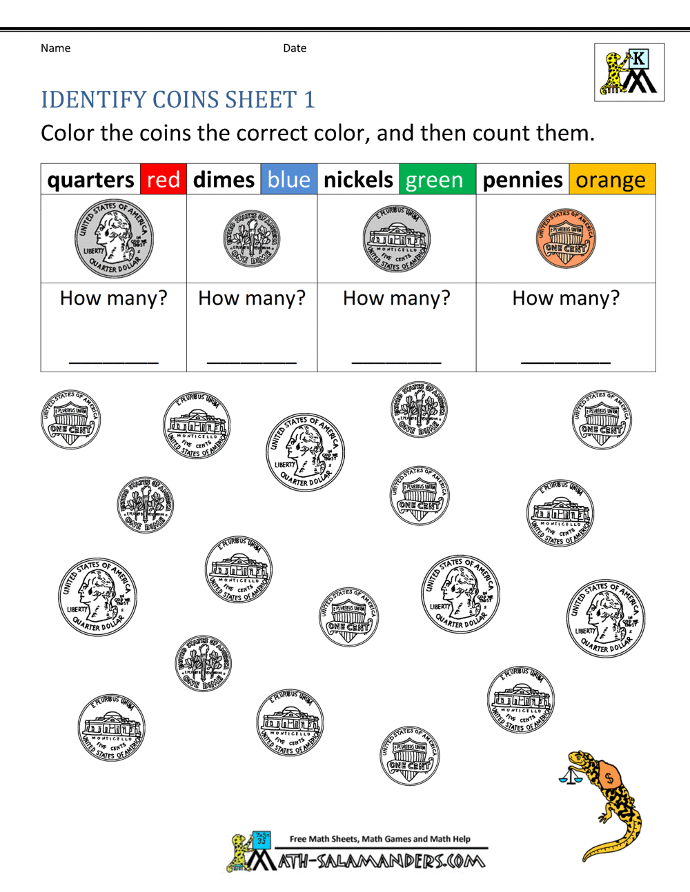 Free Printable Identifying Coins Worksheets