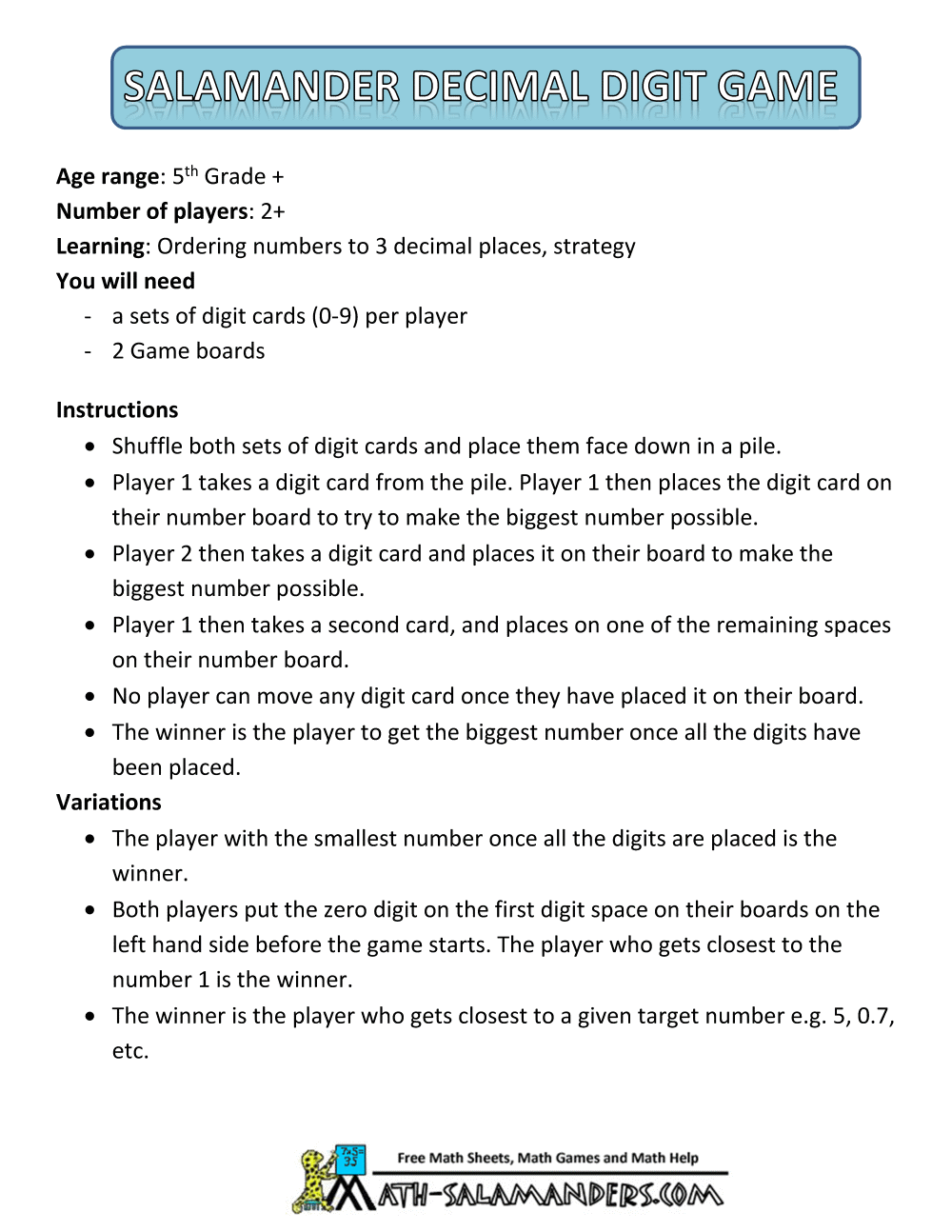 Math Games Fifth Grade