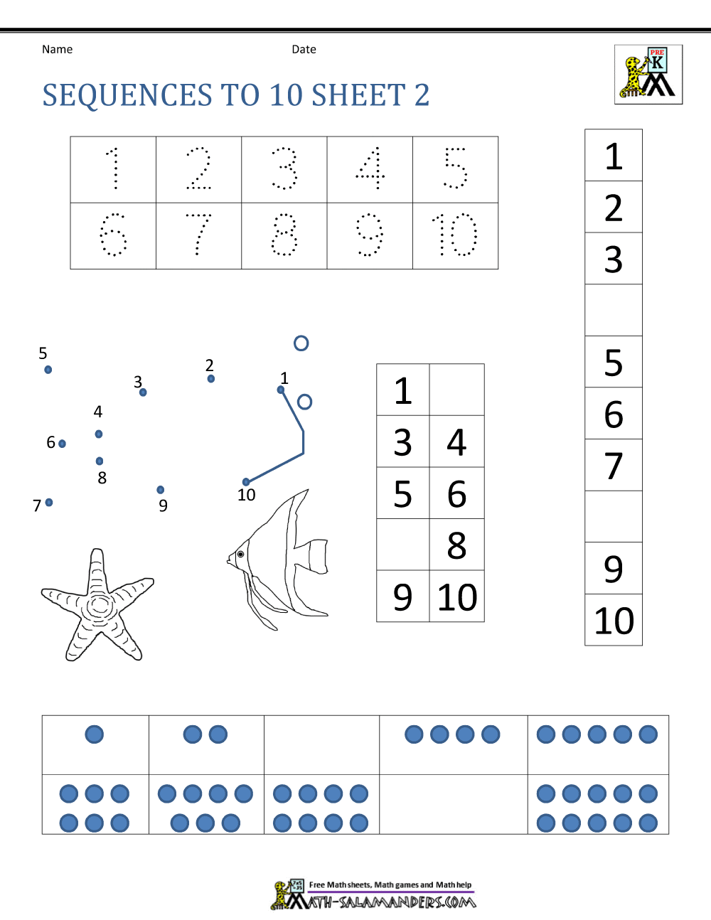 Preschool Number Worksheets - Sequencing to 10