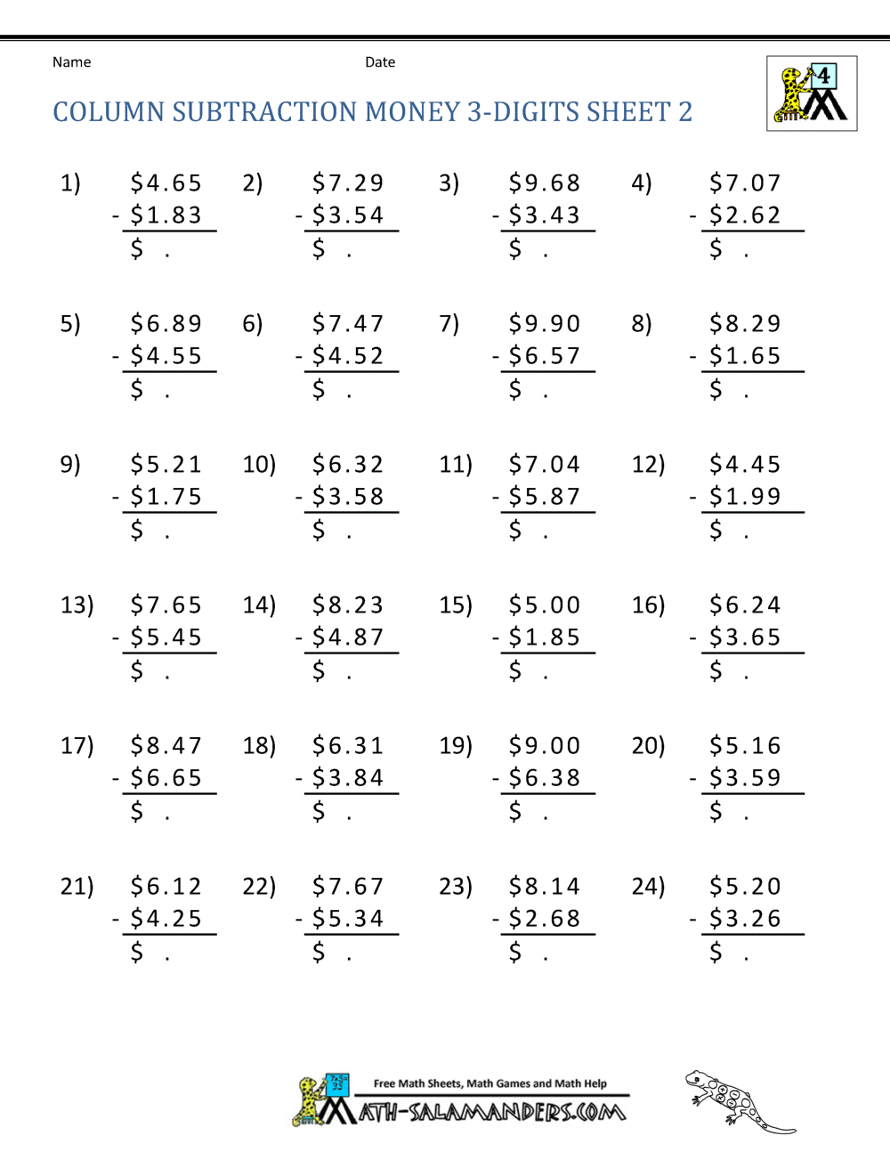 4th grade math money worksheets