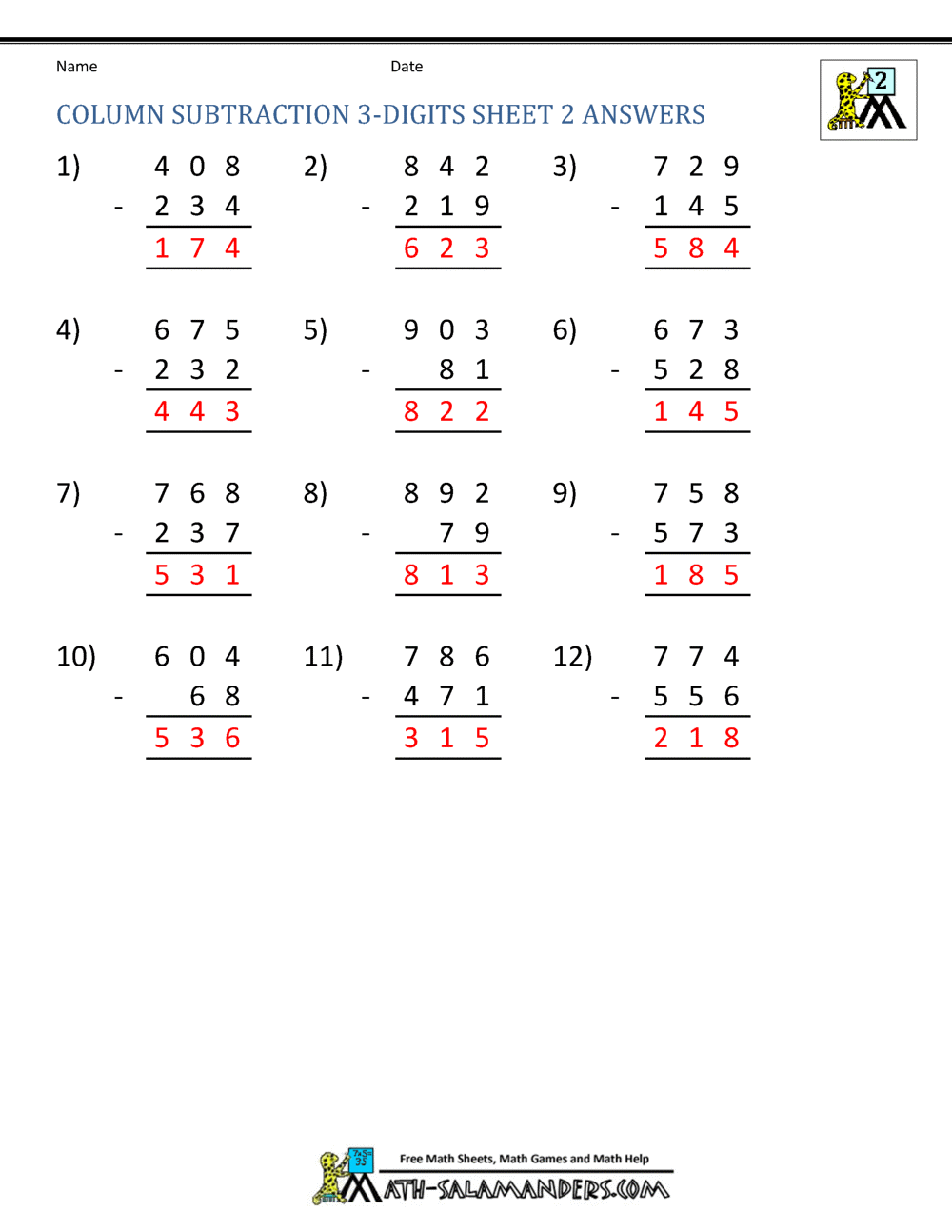 Subtraction With Regrouping Answers With Regard To Subtracting Across Zero Worksheet