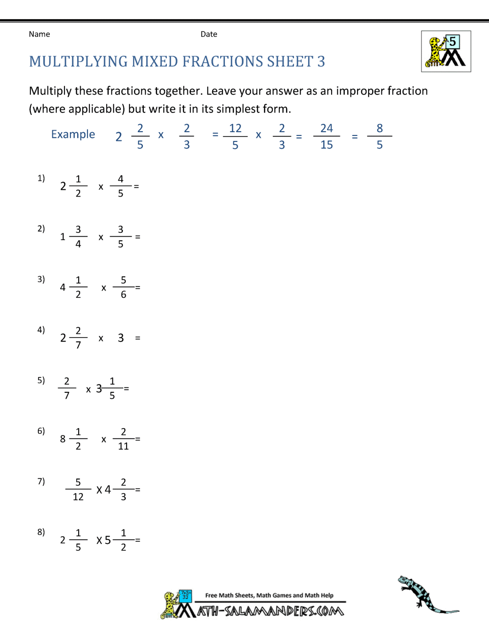 Multiplying Fractions Mixed Numbers Worksheets