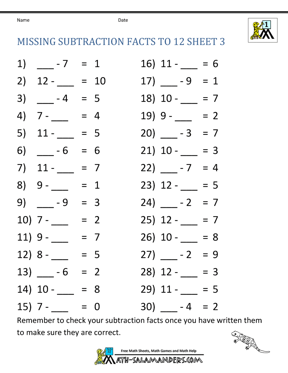 Subtraction Missing Subtraction 3  grade Facts Facts Missing  3  missing 12 worksheets Sheet to number to