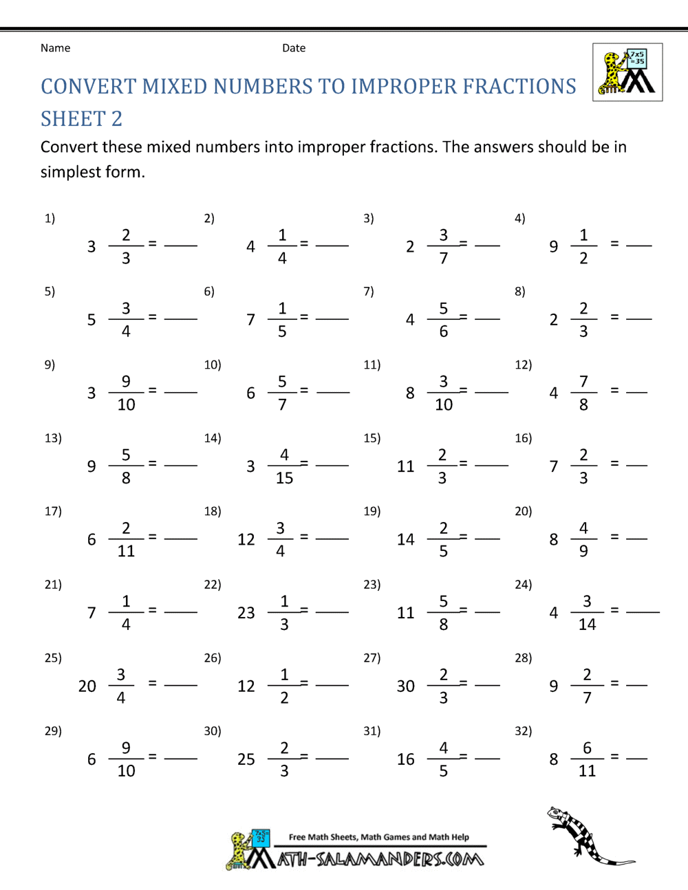 Math Mixed Numbers Improper Fractions Worksheet