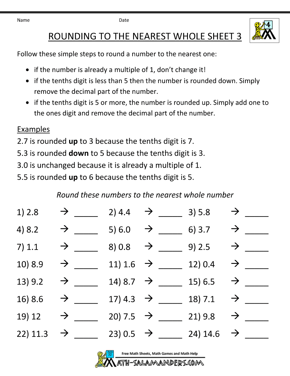 Rounding Decimals to the nearest whole