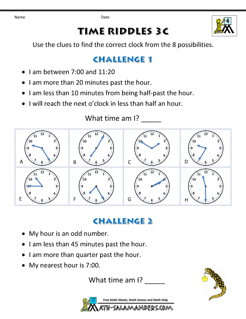 Printable Time Worksheets - Time Riddles (easier)