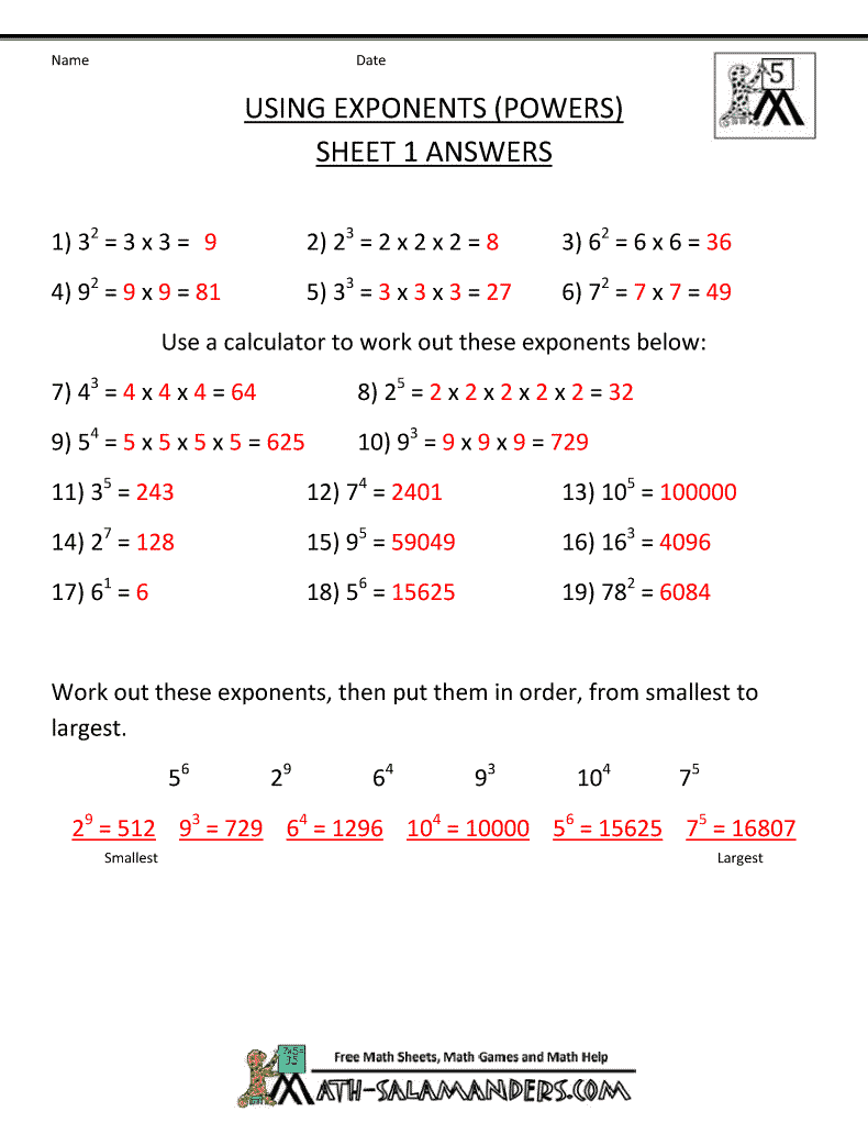 Free Math Worksheets For 6Th Grade Exponents