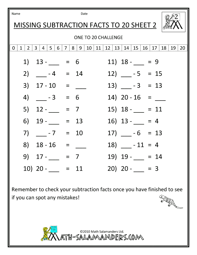 Facts number 20 worksheets to 20 up missing  to Subtraction