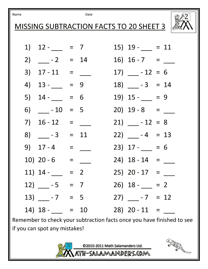 20 Subtraction up to  Facts number worksheets missing to 20