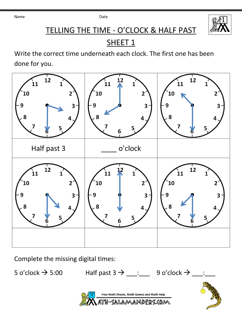 Time & Worksheets O'clock Past Telling  time worksheet telling the Half o'clock