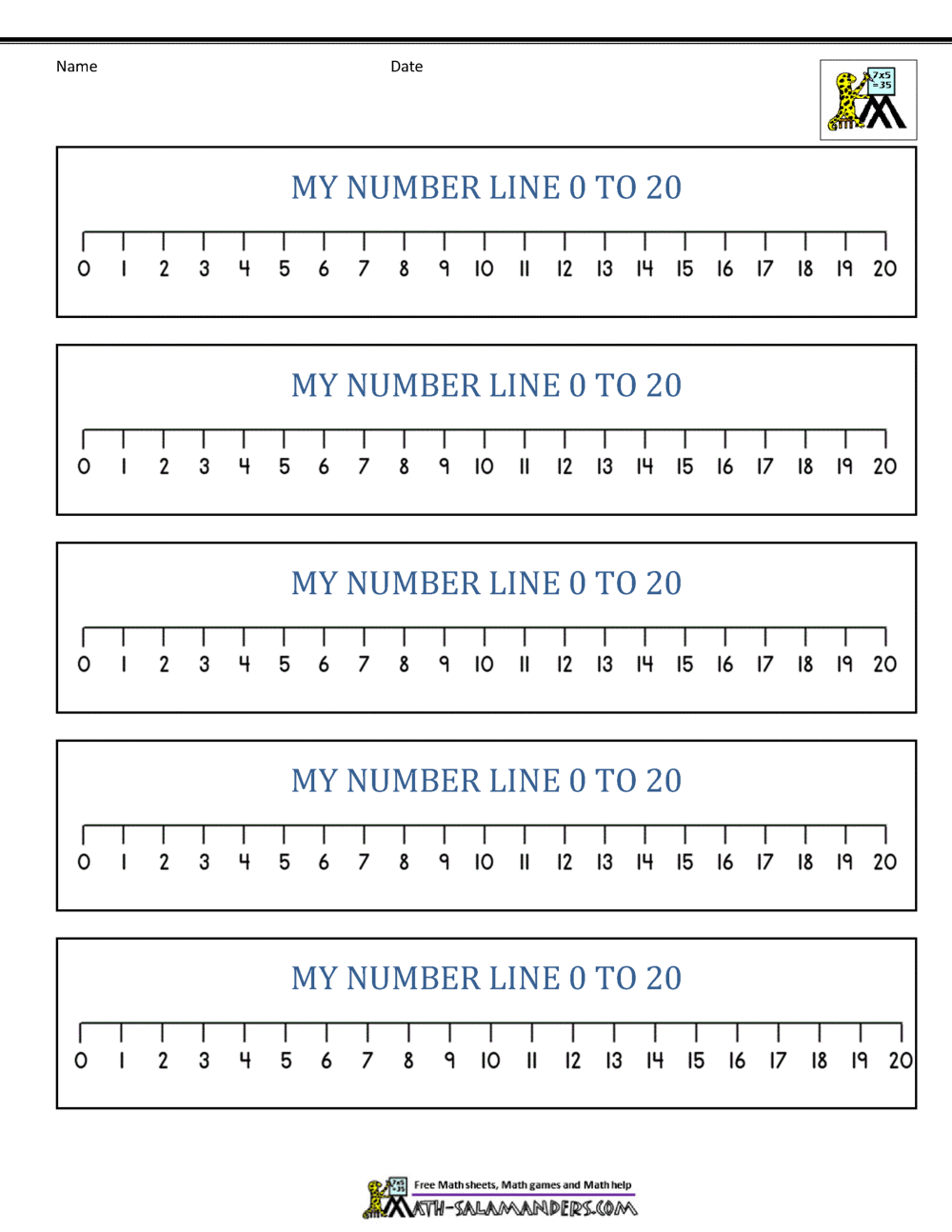 Number Line 0 to 20 Printables