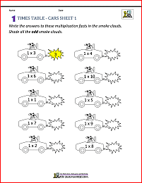 1 Times Tables Worksheet with Cars Image