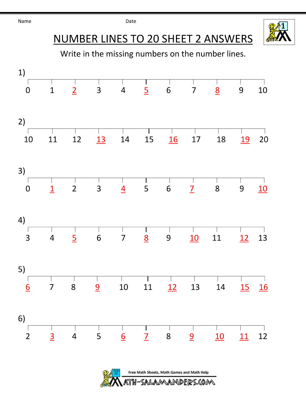 number line to 20 worksheets