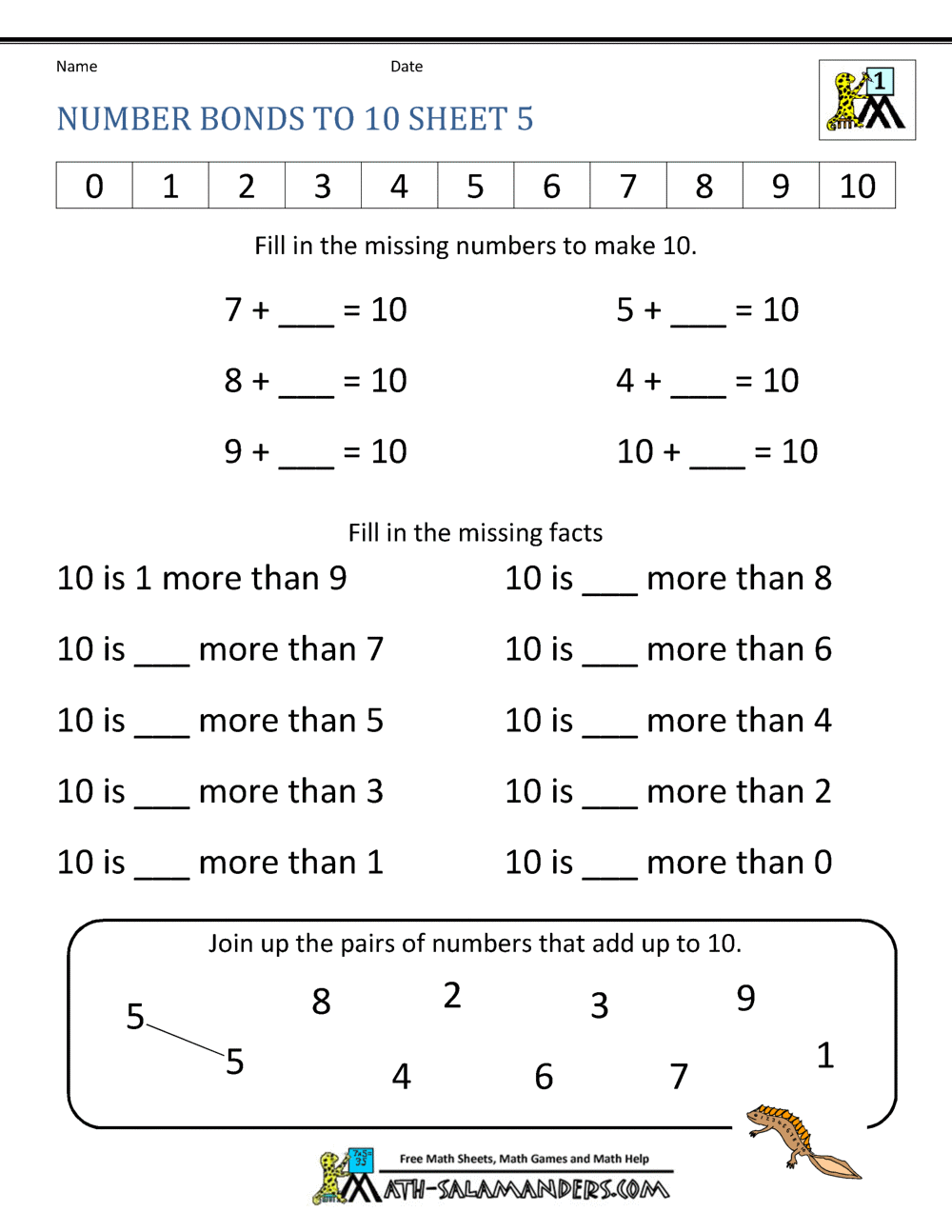 Number Bonds to 22 Worksheets Within Number Bonds To 10 Worksheet