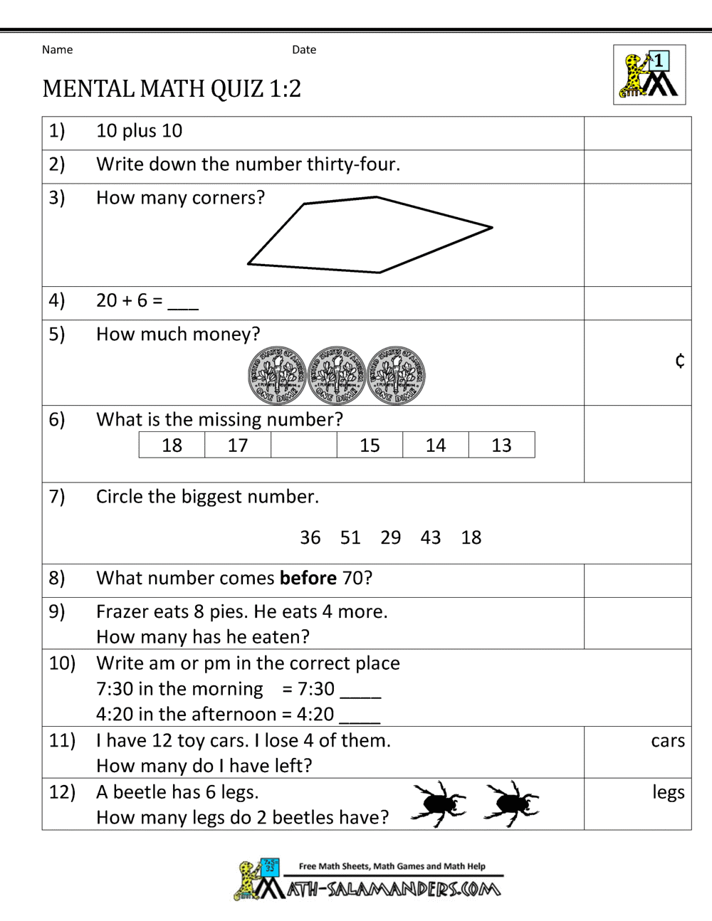 First Grade Mental Math Worksheets