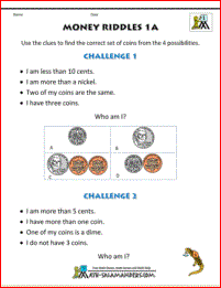 1st grade money quizzes worksheet image