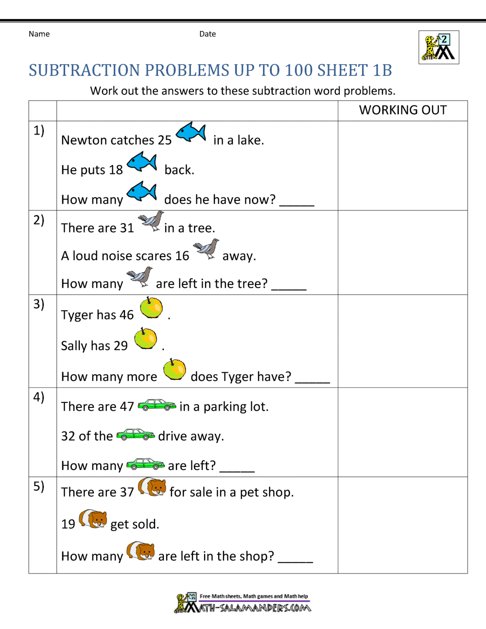 Math Worksheets For Grade 2 Subtraction Word Problems