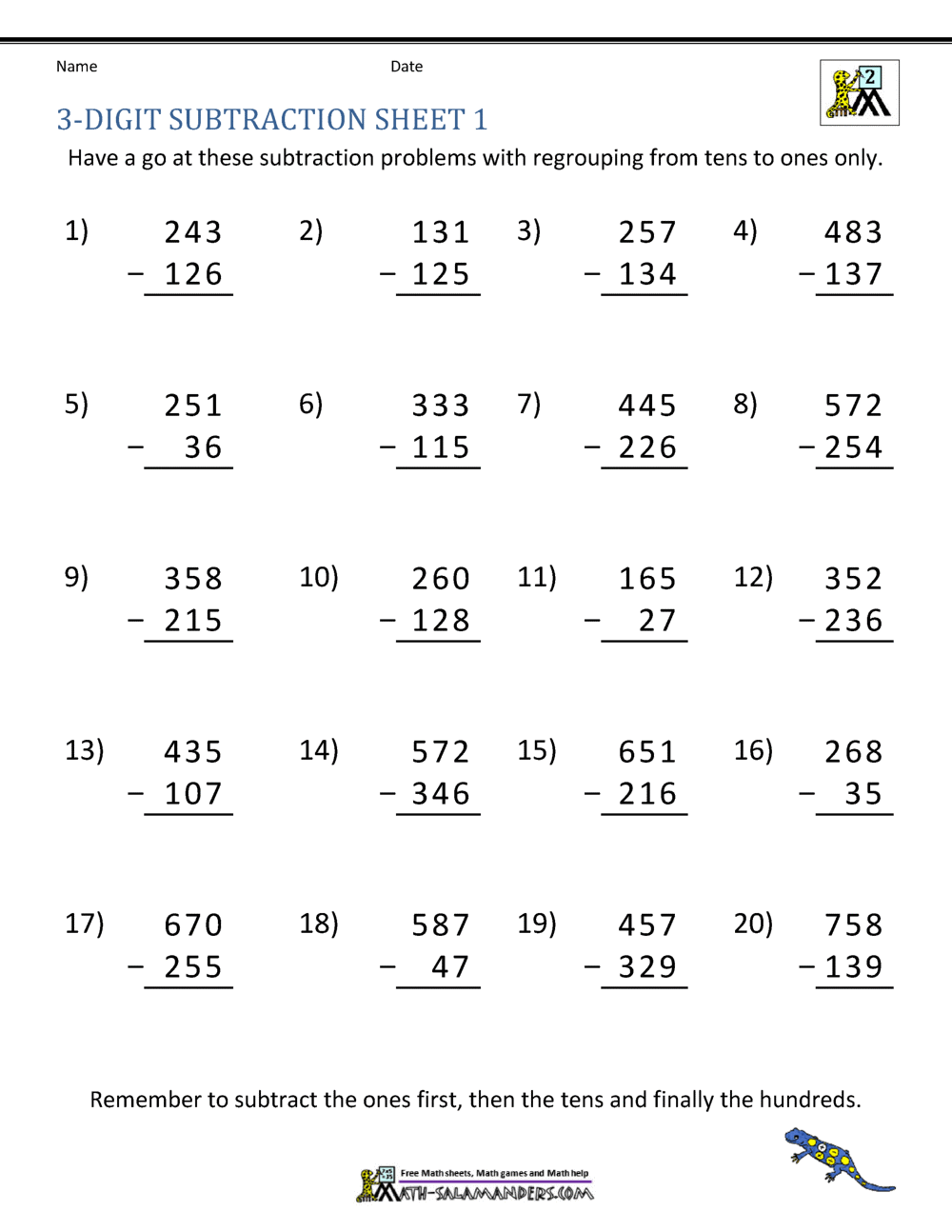 subtraction math worksheets for grade 1