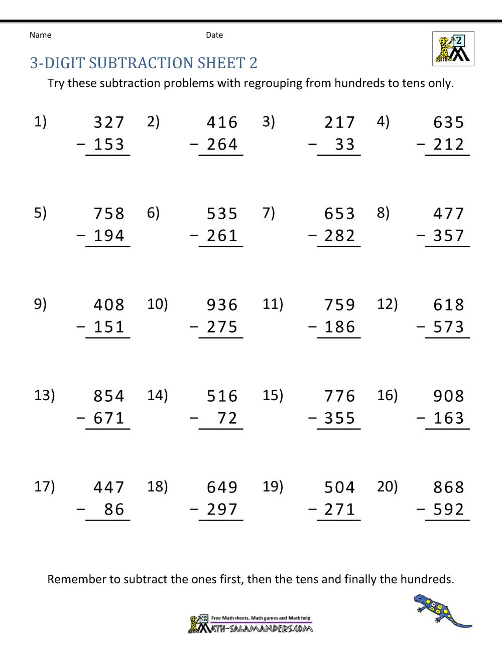 3 Digit Subtraction Worksheets