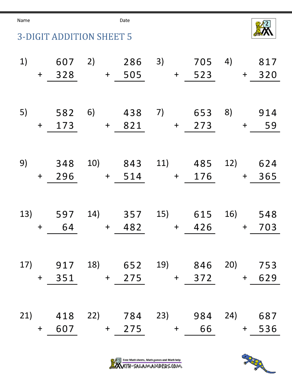 11 Digit Addition Worksheets Intended For Adding Three Numbers Worksheet