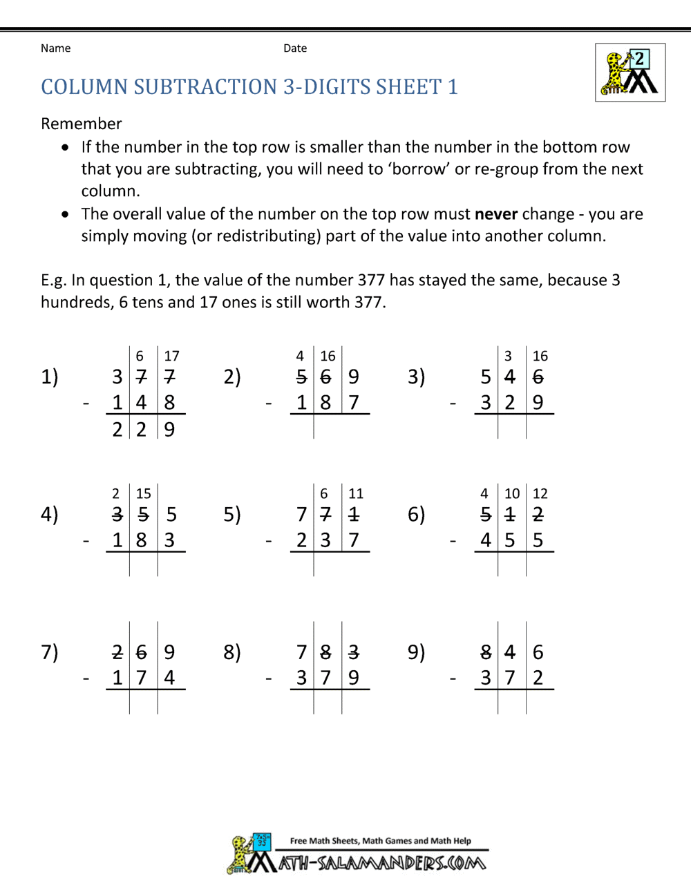 Subtraction Worksheets Three Digit Numbers