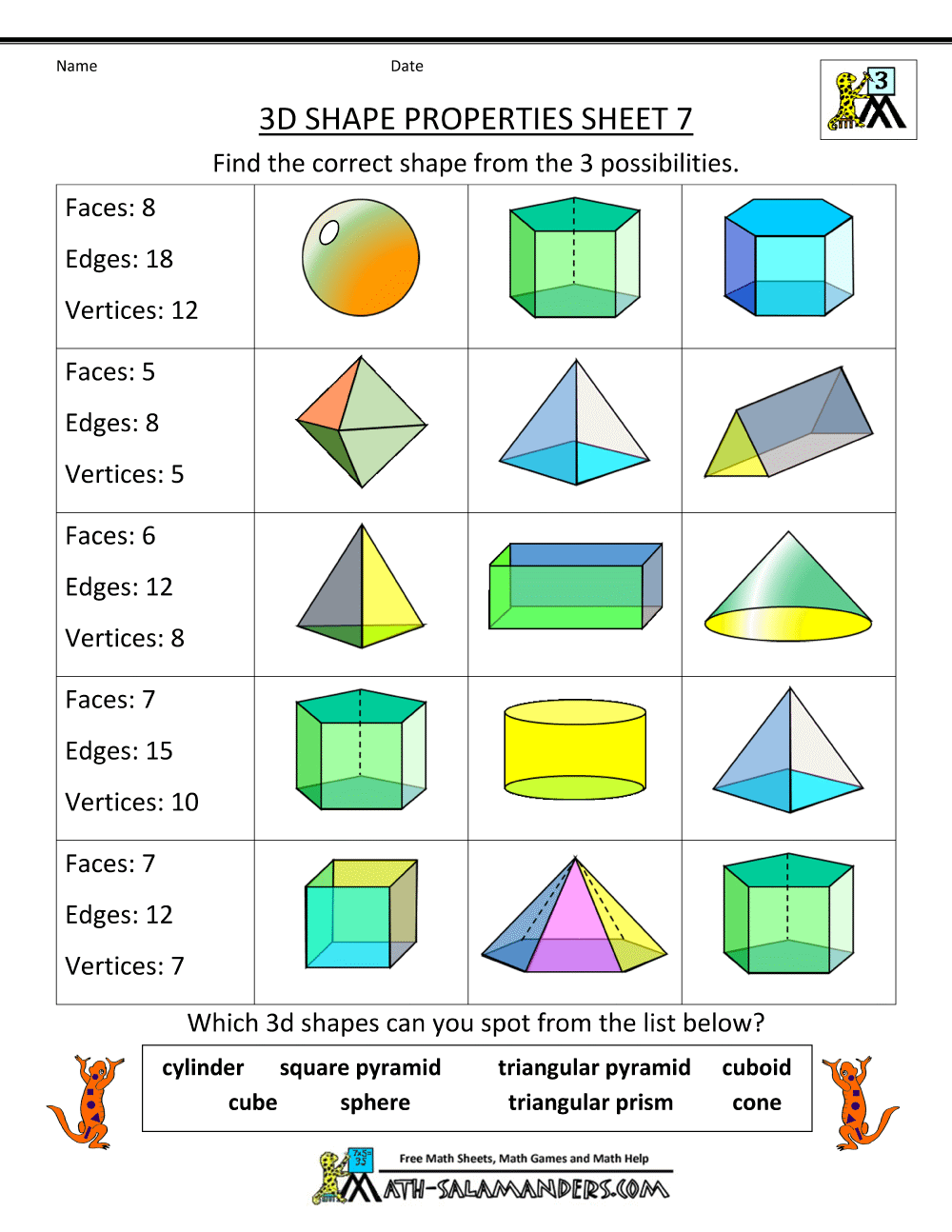 3d shapes revision worksheet