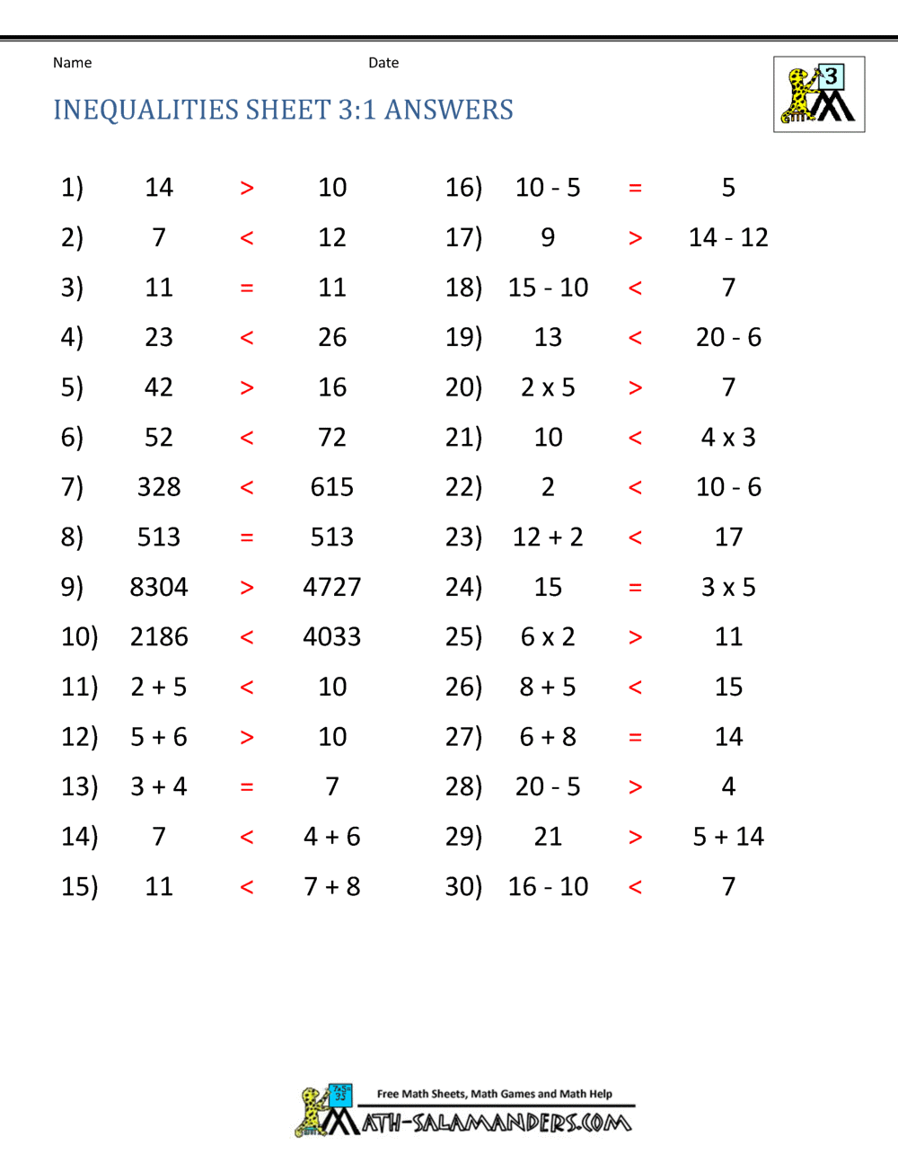 Third Grade Math Practice Rounding, Inequalities and Multiples For Inequalities Worksheet With Answers