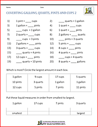 3rd grade measures worksheets converting gallons quarts pints cups 2