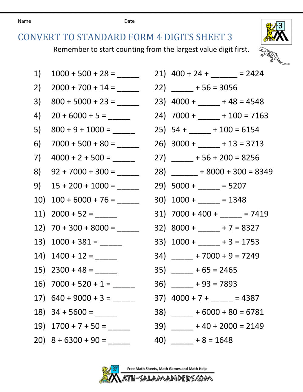 Math Worksheets Place Value 3rd Grade