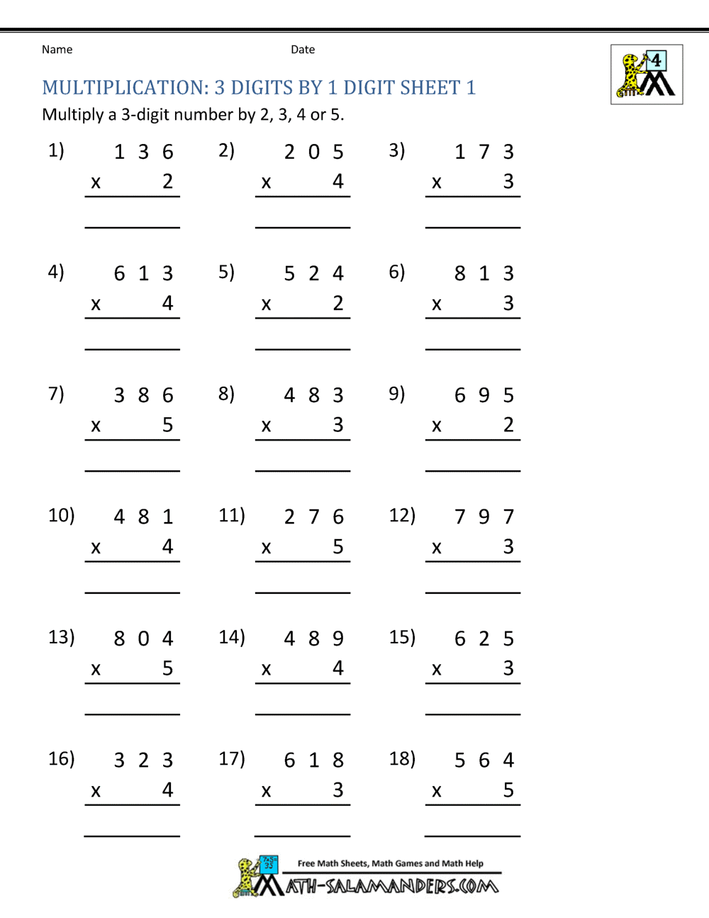 Multiplication Sheet 4th Grade