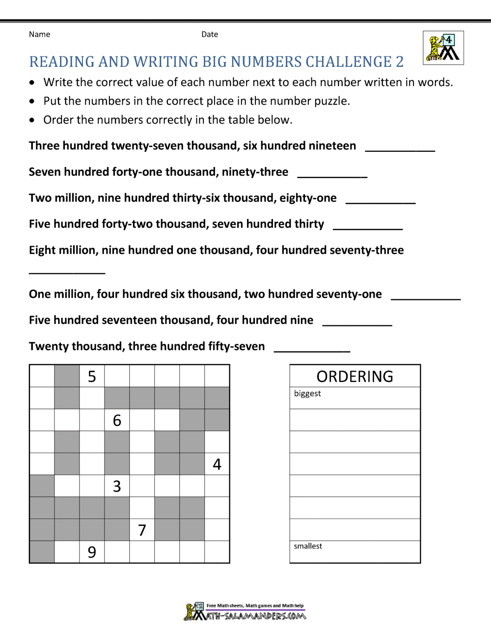 4th Grade Math Worksheets Reading, Writing and Rounding
