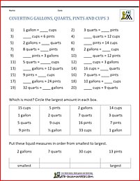 4th grade measurement worksheets converting gallons quarts pints cups 3