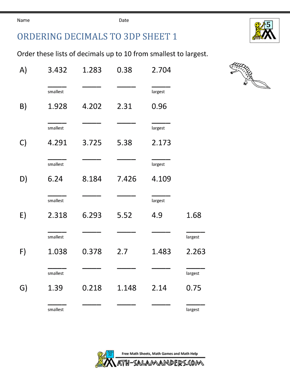 maths worksheet for class 5 on decimals