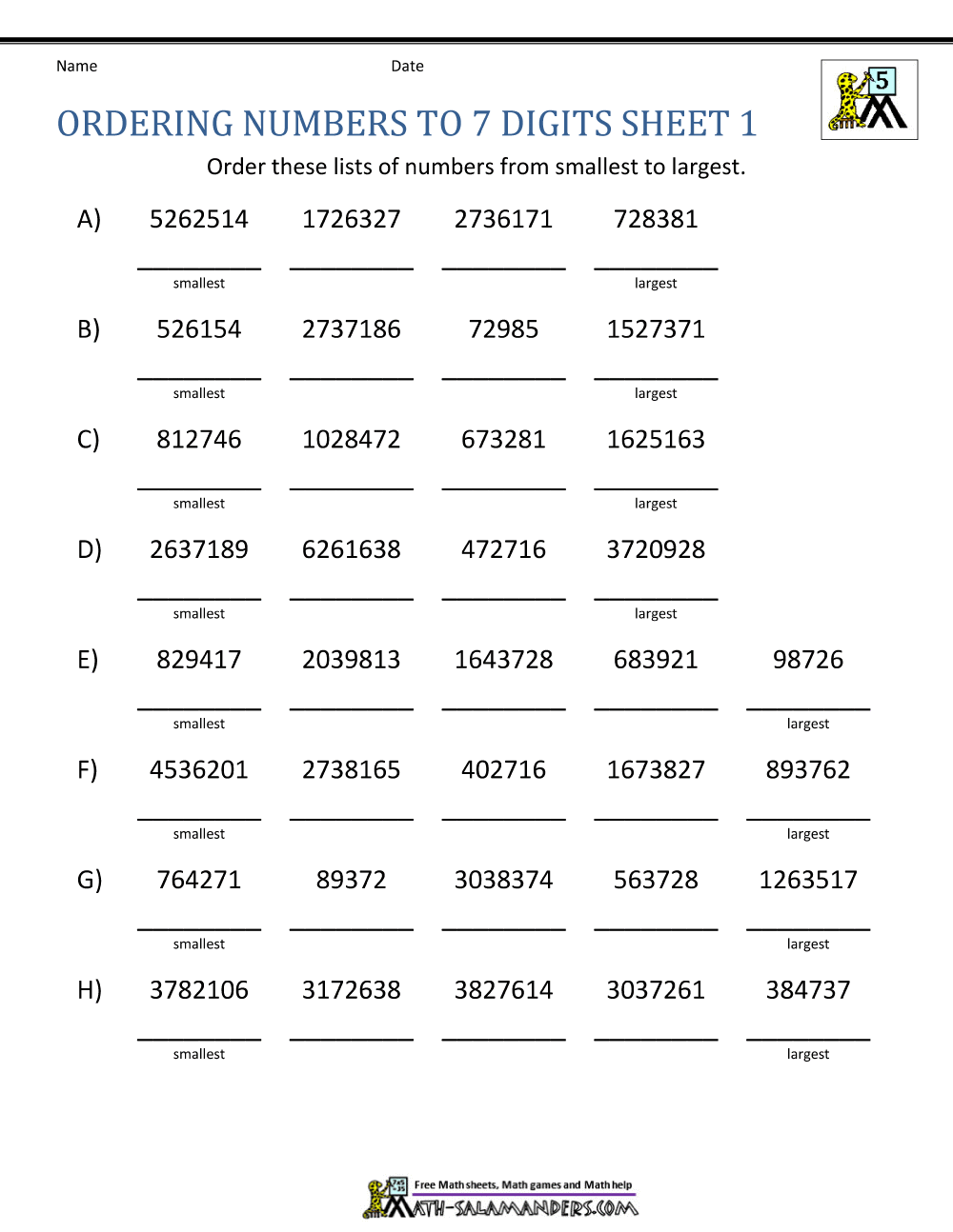 5th grade math worksheets ordering 7 digit numbers 1