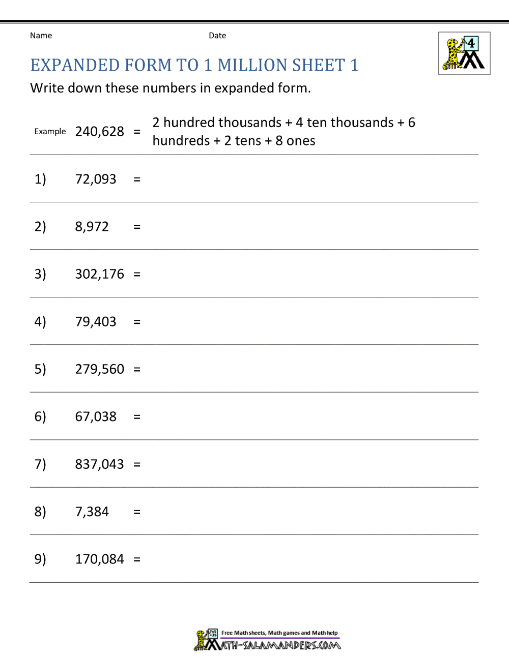 Place Value Worksheet up to 10 million
