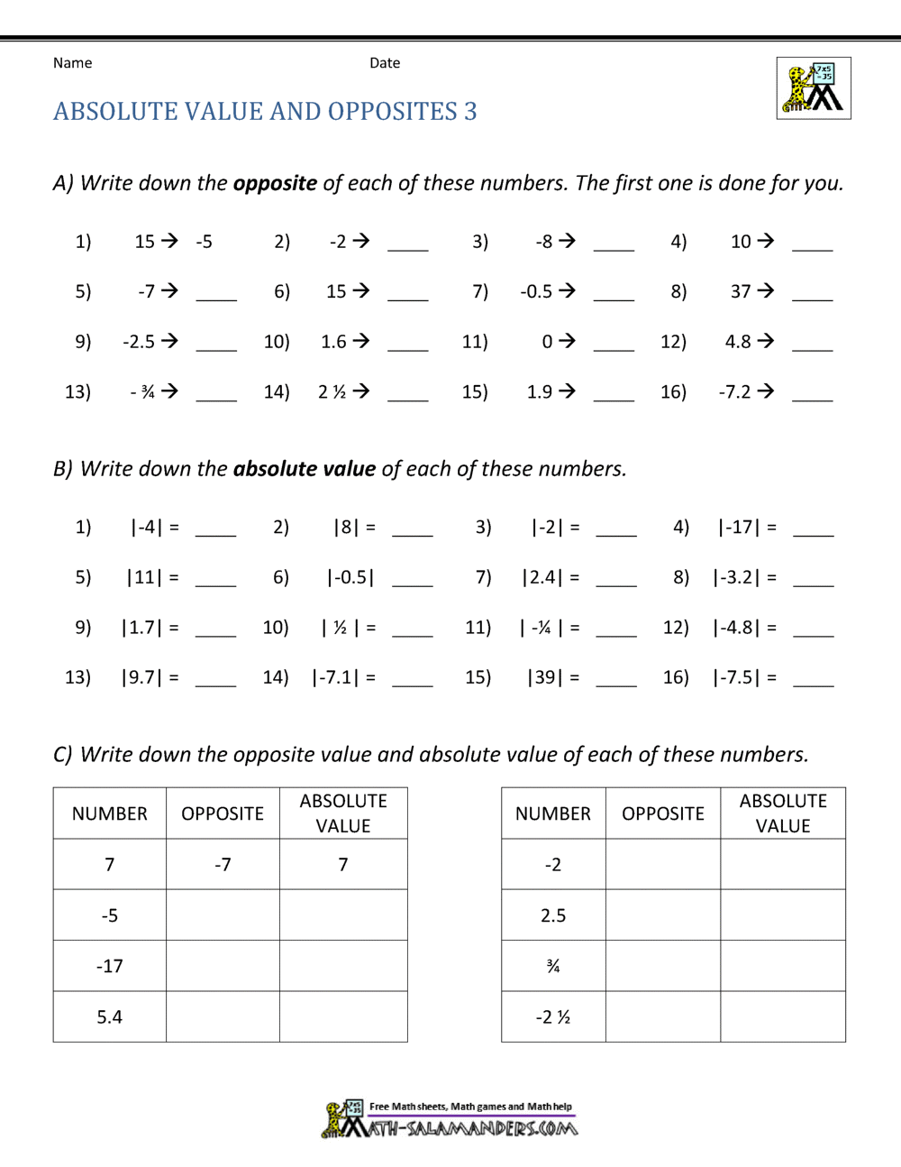 Absolute Value Worksheets With Regard To Integers And Absolute Value Worksheet