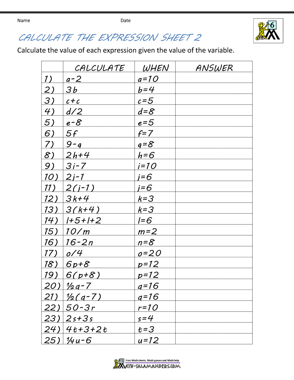 Basic Algebra Worksheets With Regard To Equivalent Expressions Worksheet 6th Grade