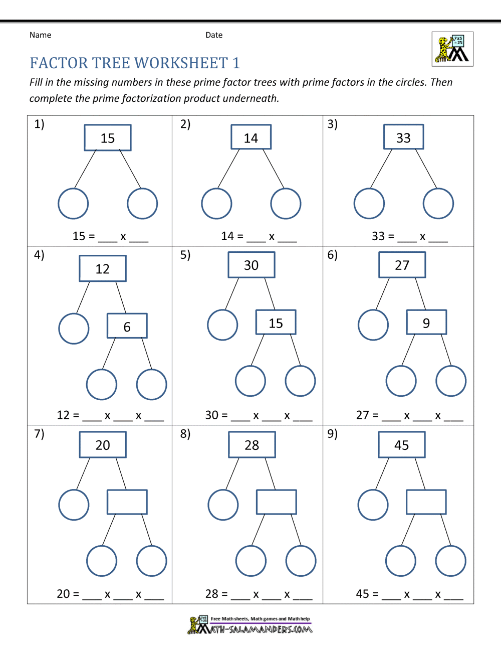 Factor Tree Worksheets page Within Prime Factorization Tree Worksheet